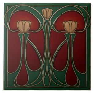 Azulejo Cerámico de Tapiz de Tulipán Teal Art Nouv