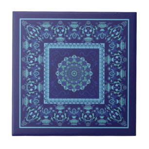 Azulejo Cerámico de Tonos Azules con Patrón Islámi