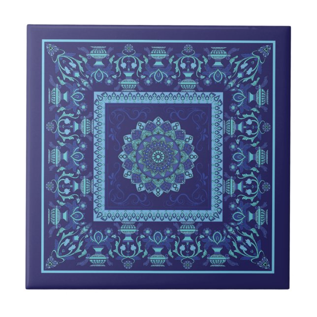Azulejo Cerámico de Tonos Azules con Patrón Islámi (Frente)