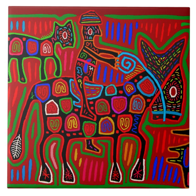 Azulejo Cerámico de Vaquero y Caballo Indio Kuna (Frente)