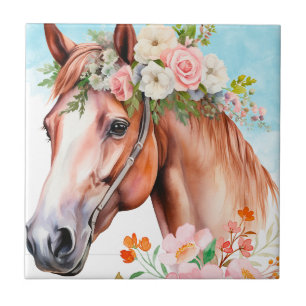 Azulejo Cerámico Decorativo de Caballo y Flores al