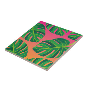 Azulejo Cerámico Decorativo Naranja Rosa Hoja Trop