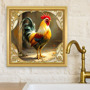 Azulejo Cerámico Dorado de Gallo de Granja