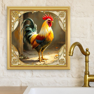 Azulejo Cerámico Dorado de Gallo de Granja