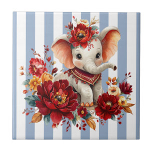 Azulejo Cerámico Elefante Floral con Raya Azul y B