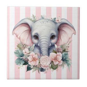 Azulejo Cerámico Elefante Floral Raya Rosa y Blanc