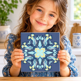 Azulejo Cerámico Floral Art Nouveau en Azul Median