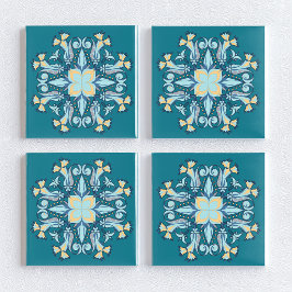 Azulejo Cerámico Floral Art Nouveau en Verde Pavo