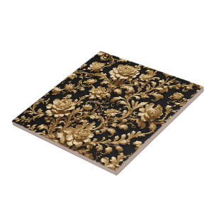 Azulejo Cerámico Floral Barroco Negro y Dorado de 