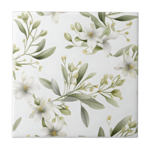 Azulejo Cerámico Floral Blanco Verde Salvia