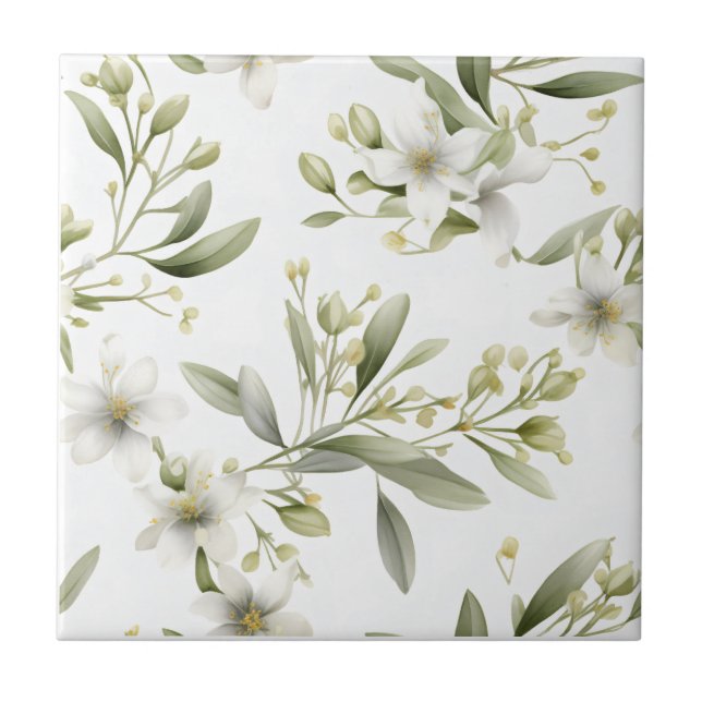 Azulejo Cerámico Floral Blanco Verde Salvia (Frente)