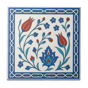 Azulejo Cerámico Floral Clásico Iznik en Azul y Ro