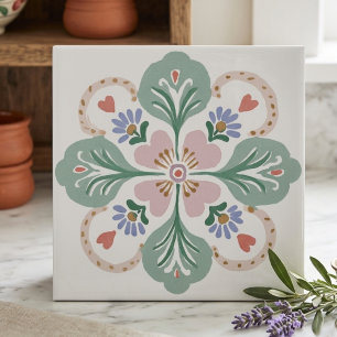 Azulejo Cerámico Floral de Arte Popular en Rosa Pa