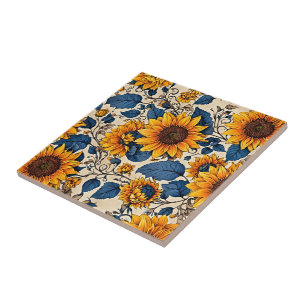 Azulejo Cerámico Floral de Girasoles Vintage Azul