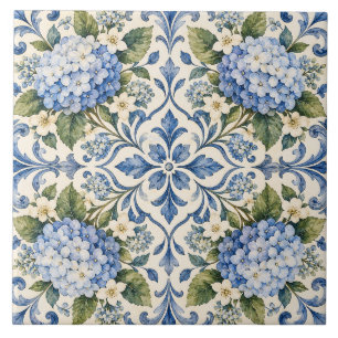 Azulejo Cerámico Floral de Hortensia Azul Delft