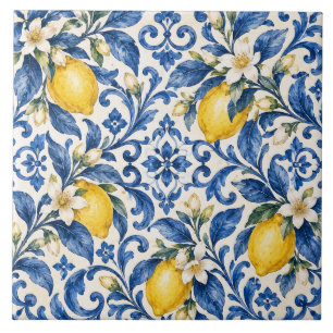 Azulejo Cerámico Floral de Limón Mediterráneo y Az