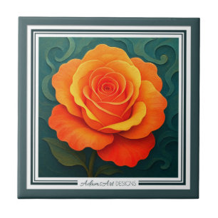 Azulejo Cerámico Floral de Rosa Naranja Vibrante c
