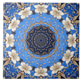 Azulejo Cerámico Floral Dorado Azul