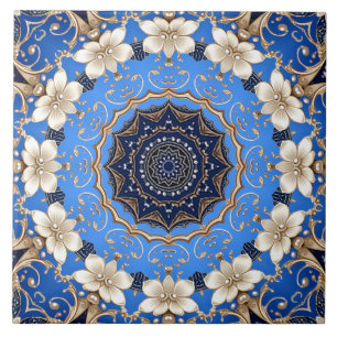Azulejo Cerámico Floral Dorado Azul