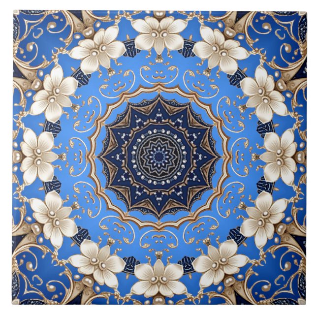 Azulejo Cerámico Floral Dorado Azul (Frente)