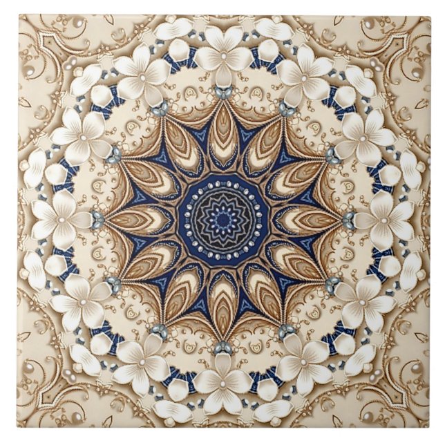 Azulejo Cerámico Floral Dorado Azul (Frente)