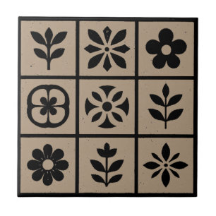 Azulejo Cerámico Floral Retro Boho Marrón Cálido
