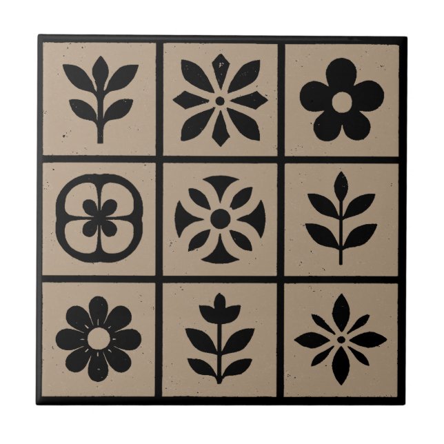 Azulejo Cerámico Floral Retro Boho | Marrón Cálido (Frente)