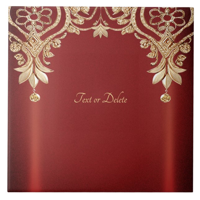 Azulejo Cerámico Floral Rojo Dorado Moderno (Frente)