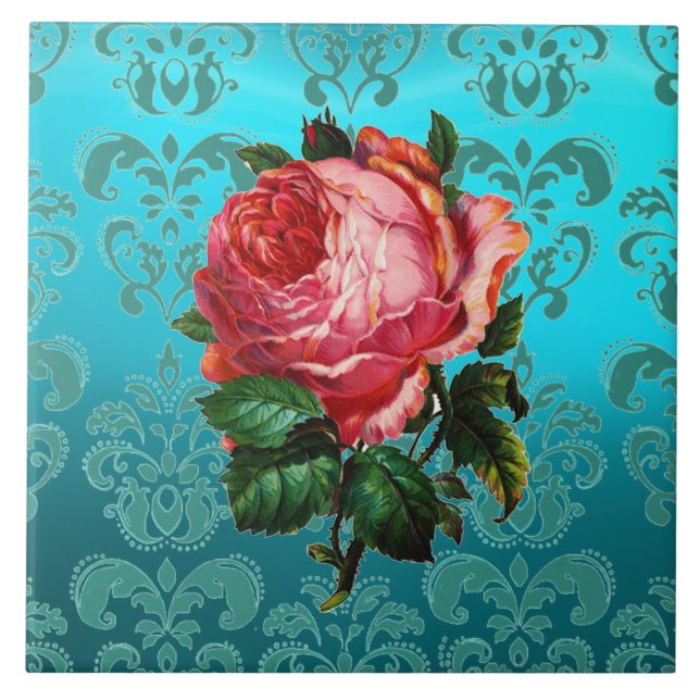 AZULEJO CERÁMICO FLORAL ROSA ROSA SOBRE DAMASCO AZ (Frente)