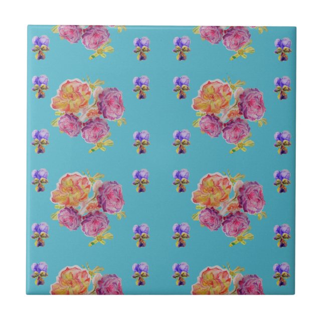 Azulejo Cerámico Floral Rosa Verde Turquesa Violet (Frente)