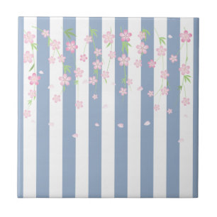 Azulejo Cerámico Flores de Franja Azul y Blanco Fl