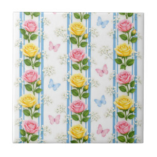Azulejo Cerámico Franja Azul Rosas Rosadas y Amari