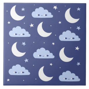 Azulejo Cerámico Luna Estrellas Nubes Kawaii Navy