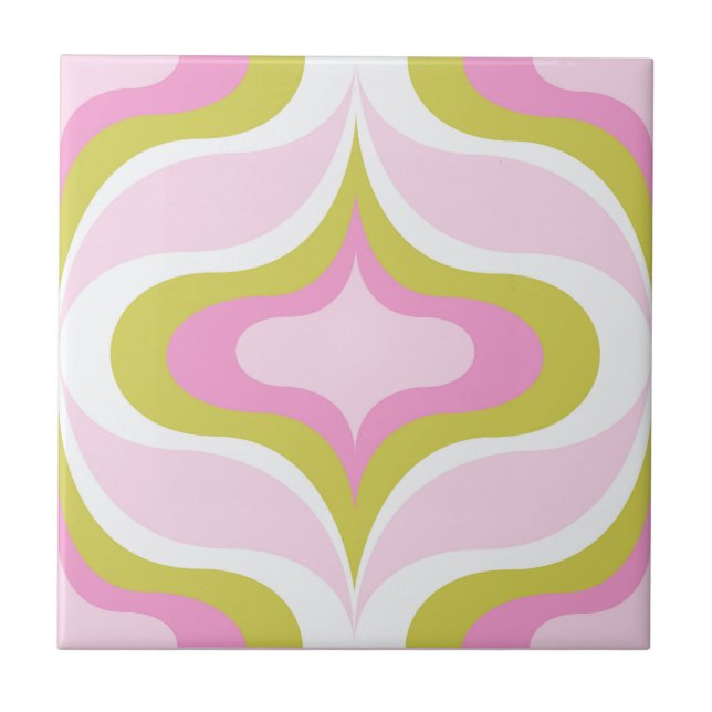 Azulejo Cerámico Rosa Verde Blanco Patrón Retro (Frente)