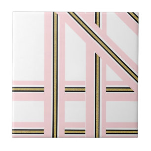 Azulejo Cerámico Rosa y Blanco Dorado Franja Negra