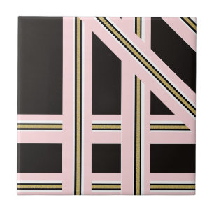 Azulejo Cerámico Rosa y Blanco Dorado Franja Negra