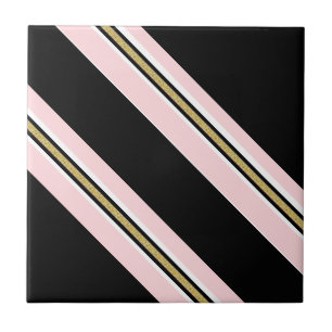 Azulejo Cerámico Rosa y Blanco Dorado Franja Negra