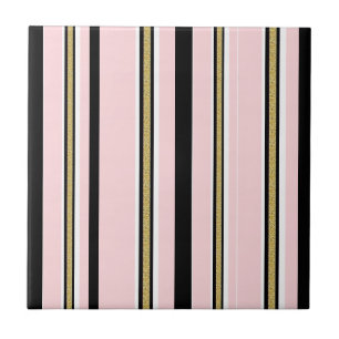 Azulejo Cerámico Rosa y Blanco Dorado Franja Negra