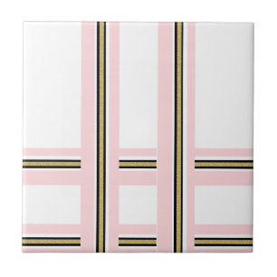 Azulejo Cerámico Rosa y Blanco Dorado Franja Negra