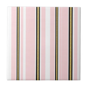 Azulejo Cerámico Rosa y Blanco Dorado Franja Negra