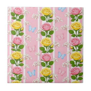 Azulejo Cerámico Rosas Rosadas y Amarillas Raya Fl