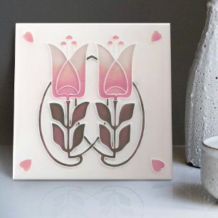 Azulejo Cerámico Tulipanes y Corazones Art Nouveau