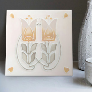 Azulejo Cerámico Tulipanes y Corazones Art Nouveau
