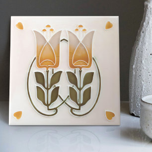 Azulejo Cerámico Tulipanes y Corazones Art Nouveau