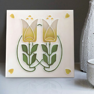 Azulejo Cerámico Tulipanes y Corazones Art Nouveau