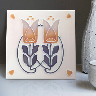 Azulejo Cerámico Tulipanes y Corazones Art Nouveau
