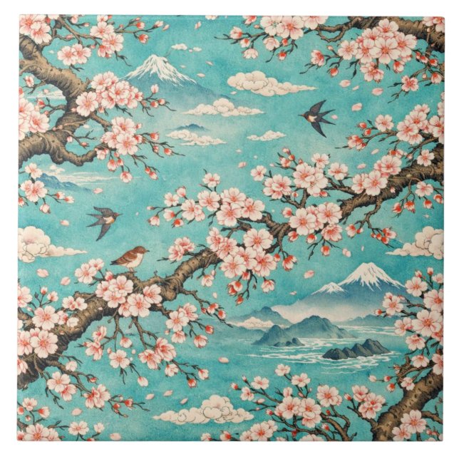 Azulejo Cerámico Ukiyo-e Flor de Cerezo Sakura (Frente)