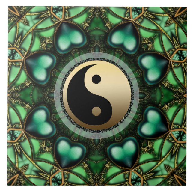 Azulejo Cerámico Yin Yang Corazones Verde Bosque D (Frente)