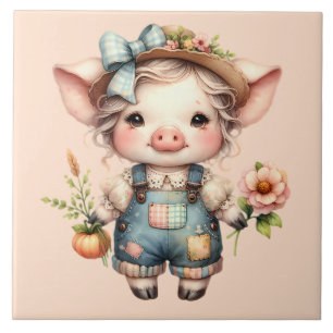 Azulejo Cerdito adorable de Farmcore con overol y flores