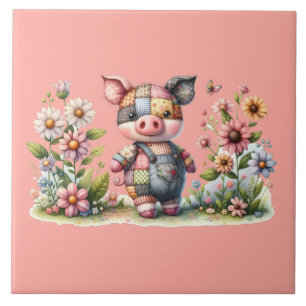 Azulejo Cerdito de parches adorable en jardín floral